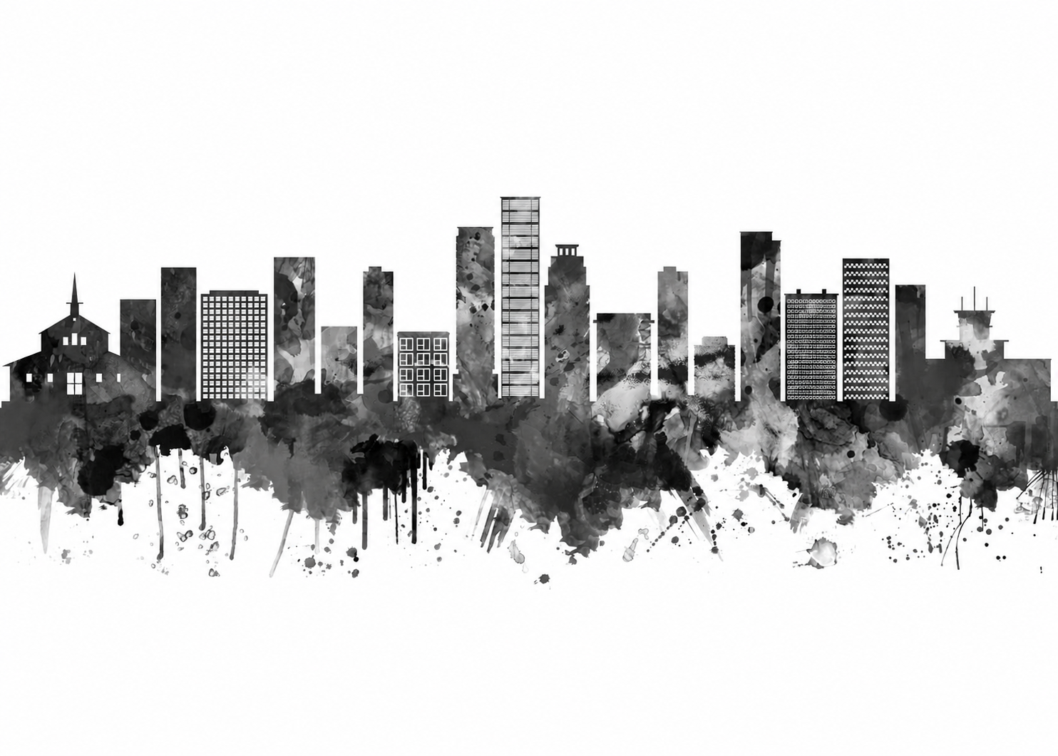 Illustration en noir et blanc d’une silhouette urbaine